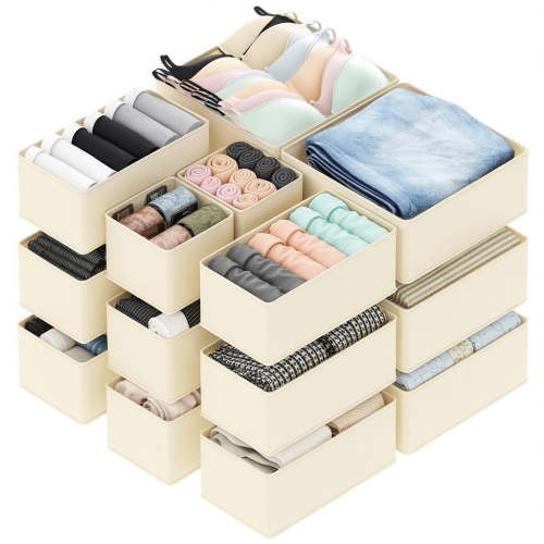 Tooloton Drawer Organizer for Clothes, 18 Pack Dresser Drawer Organizer Bins, Closet Organizers and Storage Dividers for Clothing, Underwears, Socks (Beige)