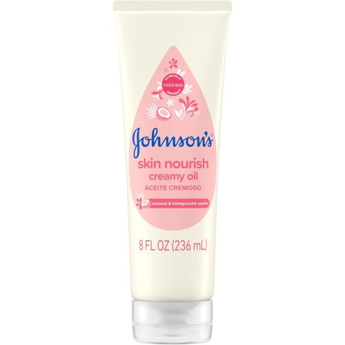 Johnson's Skin Nourish Creamy Baby Oil for Dry Skin with Coconut & Honeysuckle Scent, Rich & Creamy Baby Body Oil Moisturizes for 24 Hours & Helps Prevent Dryness, Hypoallergenic, 8 fl. oz