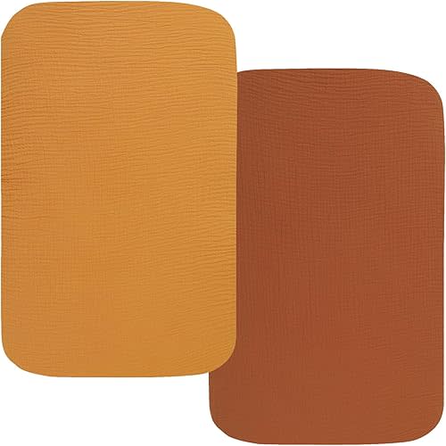 Muslin Bassinet Sheets 33" x 19" Compatible with Mika Micky, KoolaBaby (3 in 1), BabyBond, HARPPA and RICUTON Bedside Bassinet, 2 Pack for Baby Boy and Girl, Yellow and Brick