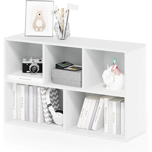 Furinno LUDER Book Shelf, 5-Cube Bookshelf, Reversible Bookcase, 9.4" x 19.5" x 31.5", for Living Room, Bedroom, Home Office, White