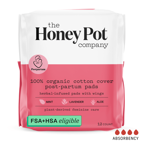 The Honey Pot Company, Feminine Herbal Post-Partum Pads with Wings, Organic Cotton Cover, 12 ct.
