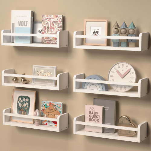 Dual-Guard Nursery Book Shelves Set of 6, Wood Floating Shelves for Nursery Room Wall Decor, Wall Mount Kids Bookshelf for Baby Bedroom Storage, Toddler Toy Hanging Wall Organizer - White