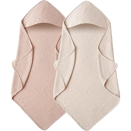Muslin Baby Towels with Hood for Newborn 100% Cotton Baby Bath Towels Soft & Absorbent Hooded Baby Towel for Boys and Girls, Large Size - 32 * 32 Inches (Ivory & Pink)