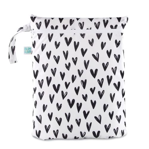 Bumkins Waterproof Wet Dry Bag for Baby, Travel, Swim Suit, Cloth Diapers, Pump Parts, Pool, Beach, Gym Clothes, Toiletry, Hook to Stroller, Daycare, Zipper Reusable Wetdry Packing Pouch, Black Hearts