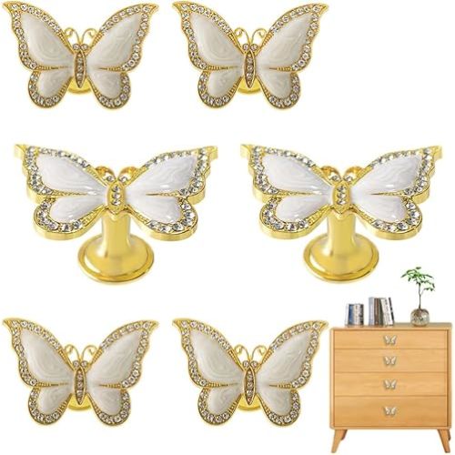 Butterfly Cabinet Knobs,6 Pieces Butterfly Knobs Single Hole Pulls Handles Decorative Door Cabinet Drawer Cupboard Furniture Door Wardrobe (Gold)