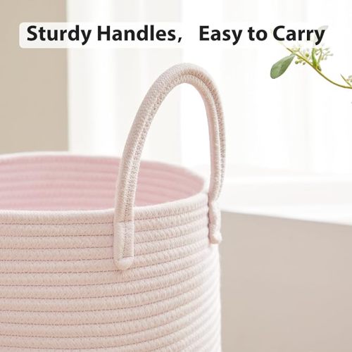 Cotton Rope Laundry Hamper by Fiona's magic, Tall Woven Laundry Basket Storage, Baby Nursery Hamper for Blankets, Toys and Clothes Hamper for Bedroom and Living Room Organizing, 58L, Pink - Tall(58L)