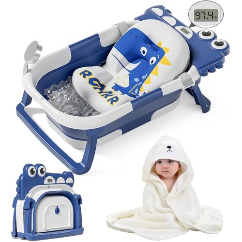 MoreFeel Collapsible Baby Bathtub for Newborn with Thermometer & 1 Hooded Towel & 1 Soft Floating Cushion,Portable Travel Bathtub with Drain Hole, Durable Foldable Baby Tubs for Infants to Toddler