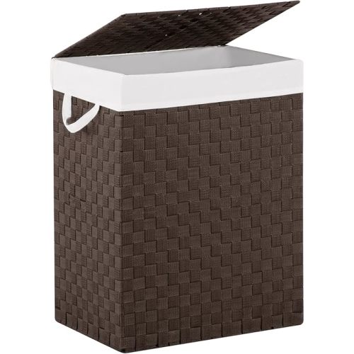 Handwoven Laundry Basket Hamper with Removable Liner Bag and Lid, Collapsible Clothes Hamper with Handle, Brown