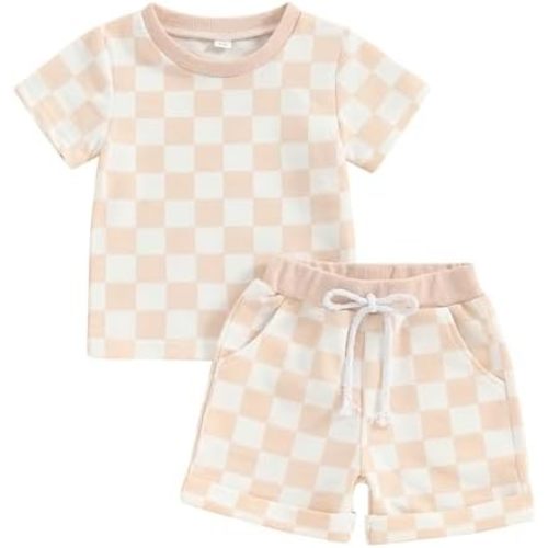 Toddler Baby Girl Outfit Newborn Girl Summer Clothes Short Sleeve T Shirt Checkerboard Top Set Elastic Waist Shorts