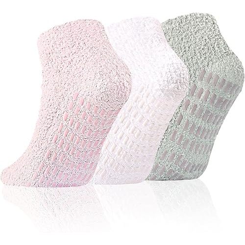 Slipper Socks With Grips for Women and Men - Fuzzy Warm Winter Non-Slip Hospital Socks - Home Cozy Grip Ankle Socks - Light Grey, Pink, White