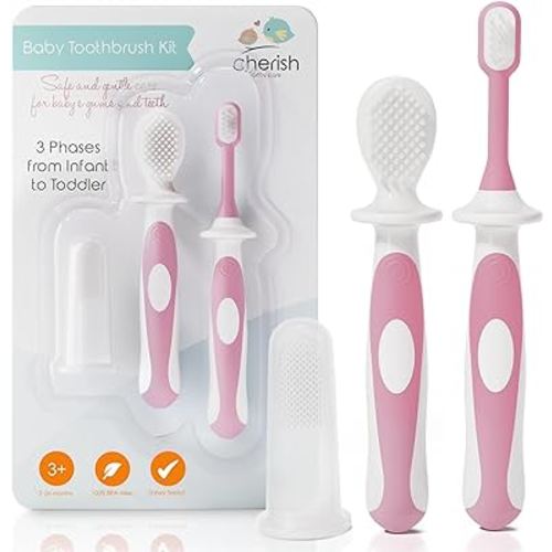 Cherish Baby Care Award-Winning Baby Toothbrush Set (3-24 Months) - Baby Finger Toothbrush, Training Toothbrush & Toddler Toothbrush - BPA-Free Infant Toothbrush Set, Baby First Toothbrush Set (Pink)
