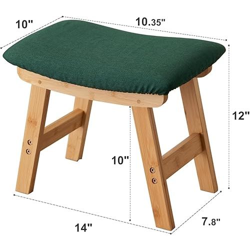 Foot Stool,Ottoman,Bamboo Small Sofa Foot Rest Under Desk,Extra Seating for Living Room, Bedroom and Kitchen (Natural Stool Legs - Green Surface)