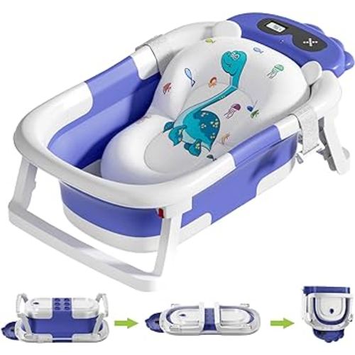 Baby Bathtub, Collapsible Baby Bathtub with Thermometer, Portable Travel Baby Bath Tub, Newborn to Toddler Baby Tub with Floating Soft Cushion, Suitable for Infants 0-36 Months (Blue)