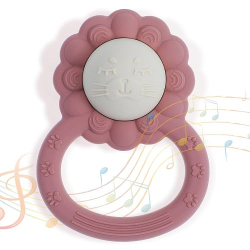 Rattle Teether, Lion Shape Montessori Baby Sensory Teething Toys, Food Grade Silicone BPA Free, Newborn Essentials Must Haves (Shifting Sand Powder Rose)