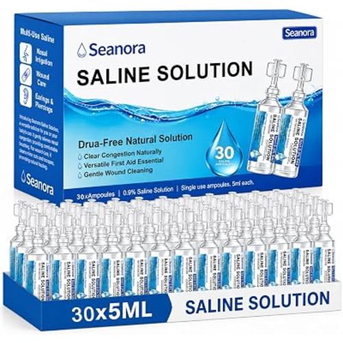 0.9% Sodium Chloride Saline Solution, Sterile Daily Nasal & Skin Cleansing for Babies, Kids & Adults, Single-Use Saline Vials for Nose Care & Minor Wound Cleaning, 5ML×30PCS