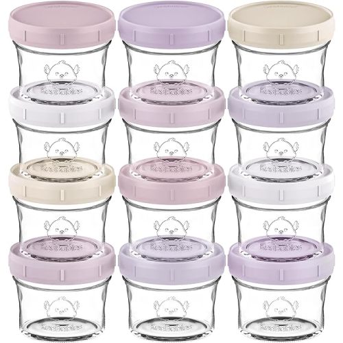KeaBabies 12pk 4oz Glass Baby Food Containers with Lids - Leak-Proof, Microwavable Small Glass Jars, Baby Purees & Toddler Snack Storage Containers, BPA-Free, Dishwasher & Freezer Safe (Slate)