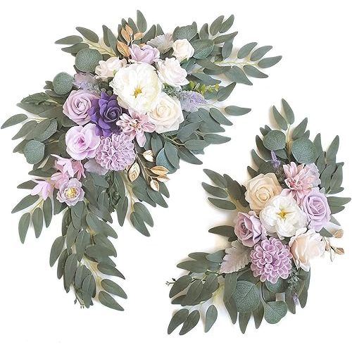 Faux Flower Swag Set of 2 for Wedding Welcome Signs Floral Swag Wedding Reception Ceremony Signs Decor (Purple)