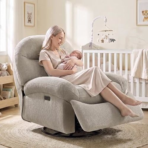 VANOMi Power Nursery Glider Rocking Chair, Oversized 270° Swivel Recliner Chair with USB & Type-C Ports, Soft Chenille Upholstered Nursery Chair for Living Room, Bedroom, Nursing