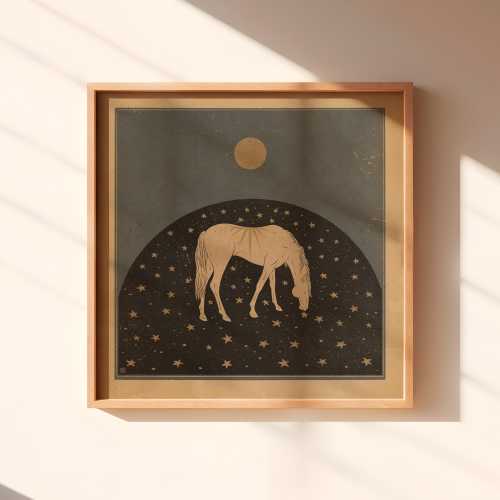 Grazing in a starry field | Vintage horse print, moon stars art, cozy wall hanging