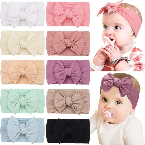 CÉLLOT 10 Colors Super Stretchy Soft Knot Baby Girl Headbands with Hair Bows Nylon Head Wrap For Newborn Baby Girls Infants Toddlers Kids