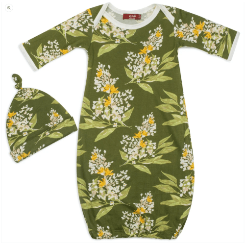 Green Floral Bamboo Newborn Gown & Hat Set