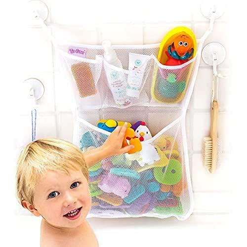 Original Tub Cubby Bath Toy Storage Organizer - With Suction Cup & Adhesive Hooks, 14"x20" Mesh Net Shower Caddy for Kids Bathroom Decor, Bedroom & Car Toy Organizer - Bonus Hooks - Classic Storage