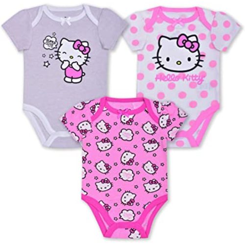 Hello Kitty Baby Girl 3 Pack Bodysuits for Newborn and Infant - Pink/Grey