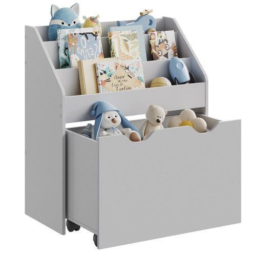 Songmics Kids Bookshelf And Toy Organizer, Toy Storage Chest And Bookcase With 3 Shelves, Storage Box With Wheels, Multipurpose Dove Gray