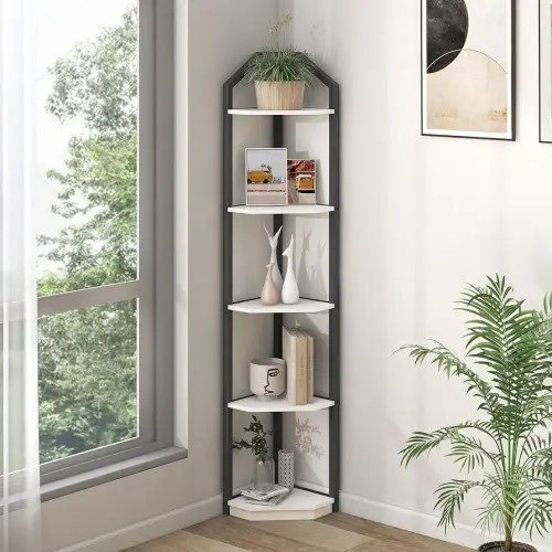 Fun Memories 5 Tier Corner Shelf, 70” Corner Shelf Stand, Corner Bookshelf Plant Stand, Storage Shelf for Bathroom, Living Room, Kitchen,White Home Office, White