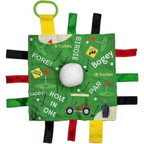 Baby Jack & Co 10x10” Golf Ball Sports Lovey Sensory Plush Blanket - Tag Toys for Sensory Play - Travel Stroller Toy - Learn Shapes, Letters & Colors - Sports Gift Educational and Soother