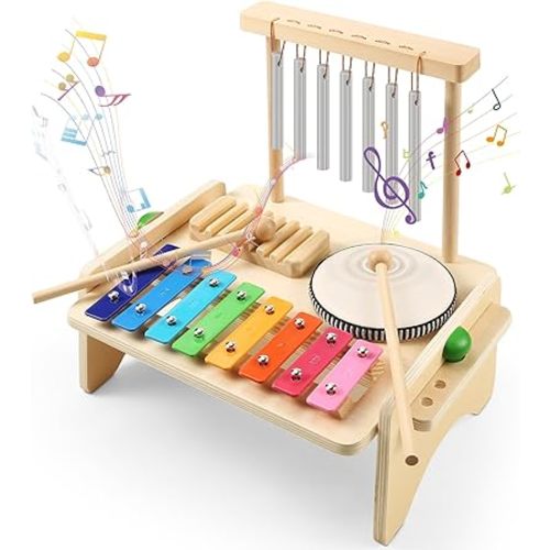 Kids Drum Set,Baby Musical Instrument for Toddler,Wooden Xylophone for Toddlers with Baby Drum Set and Wind Chime,Montessori Musical Instruments Toys for Kids,Musical Toys for Toddlers Birthday Gift