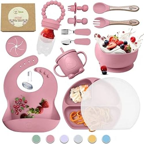 O'doe 17-Piece BPA-Free Silicone Baby Feeding Set | Thick & Soft Suction Plates, Baby Bowls, Wooden Fork & Spoon, and More | Make Mealtime Fun and Easy for Your Little One (Rose, V2)