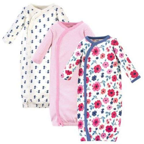 Touched by Nature Baby Girl Organic Cotton Side-Closure Snap Long-Sleeve Gowns 3pk, Garden Floral, Preemie