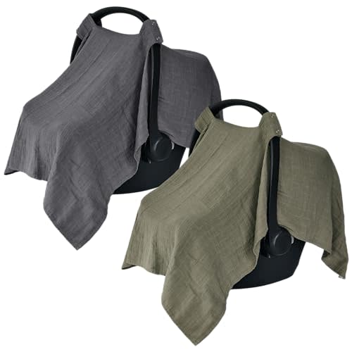 Car Seat Cover Baby - Organic Muslin Cotton - Carseat Canopy - 43" x 32" 2-Pack (Sage Green/Soft Grey)