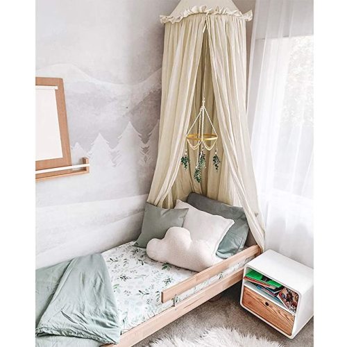 Kids Bed Canopy with Frills Cotton Cover Net for Crib Reading Nook Curtain Hideaway Hanging Round Tent Nursery Bedding Play Room Decor