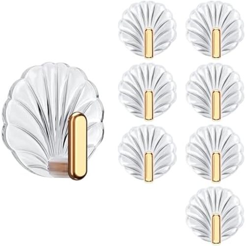 8PCS Shell Clear Adhesive Hooks - No Drill Removable Waterproof for Bathroom, Shower, Kitchen, Reusable Transparent Damage-Free Towels, Bath Sponges & Small Items (Space-Saving)