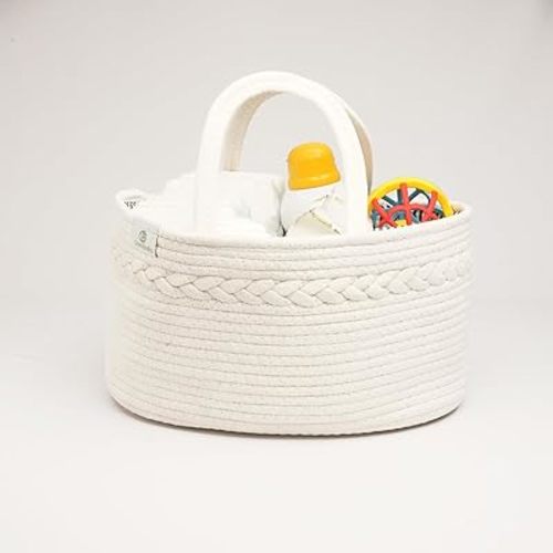 Oliver & Emilia Diaper Caddy - Portable Woven Baby Organizer Basket w/Handle, Nursery Changing Caddies & Dividers, Dresser Organizer, Cotton Rope Stuff Holder, Wipes Storage, Must Haves Newborn, Gift