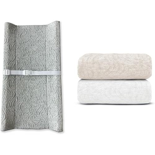 Contoured Changing Pad w/Cover (Gray, Wave) + Replacement Covers - 2 pk (Off White & Oatmilk, Wave)
