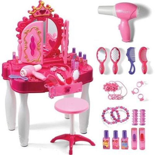 Girls Vanity Set - Complete Pretend Play Beauty Accessories with Working Blowdryer, Lights, Mirror, Stool & Sounds 21 PCS Beauty Salon Set – Play22Usa