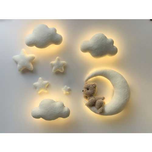Wall Soft decor nursery light set , Handmade Bouclé Wall Decor with Teddy Bear, Moon, Clouds, and Stars