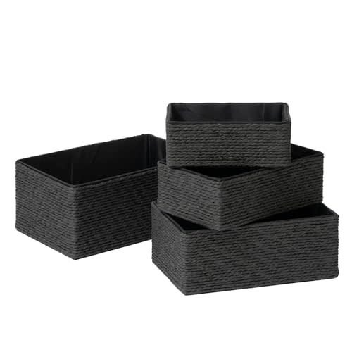 LA JOLIE MUSE Storage Baskets Set 4 - Sturdy Woven Paper Rope Decorative, Stackable Wicker Baskets for Makeup Closet Bathroom Bedroom (Ebony Black)