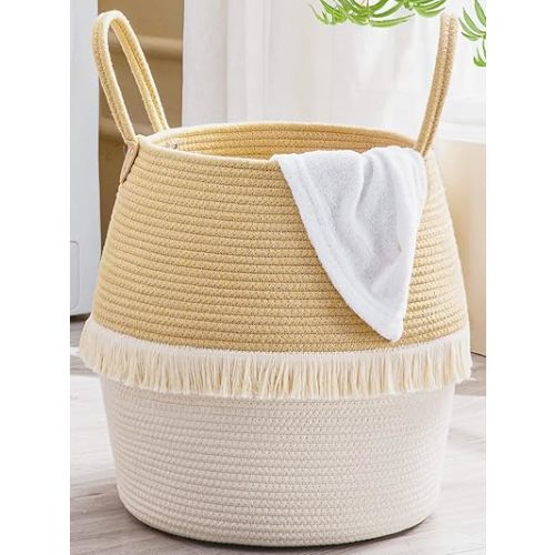 KAKAMAY Woven Baskets for Storage(17"x17"),Large Cotton Rope Woven Baby Laundry Hamper,Collapsible Laundry Basket, Blanket Basket for Organizing Living Room,Nursery,Pillows,Toy Chest(Beige)