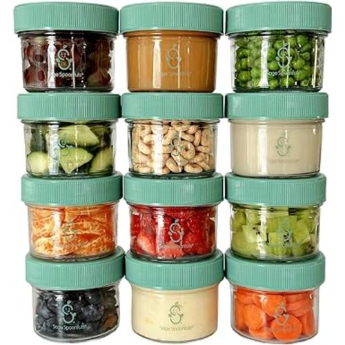Sage Spoonfuls -12 Pack, 4 oz Baby Food Jars, Glass Baby Food Containers with Lids - Freezer Storage, Leakproof, Reusable Small Glass Baby Food Containers, Microwave & Dishwasher Friendly