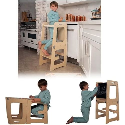 Avenlur Date 4-in-1 Foldable Kitchen Tower - Toddler Step Stool with Chalkboard, Desk Table and Chair - Waldorf and Montessori Kitchen Stool - Kitchen Stool Tower for Toddlers 18 Months to 6 Years