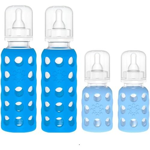 Lifefactory Glass Baby Bottles with Silicone Protection - 4-Pack, 4 oz/9 oz Bottles, (2- Cobalt Blue & 2- Sky Blue)