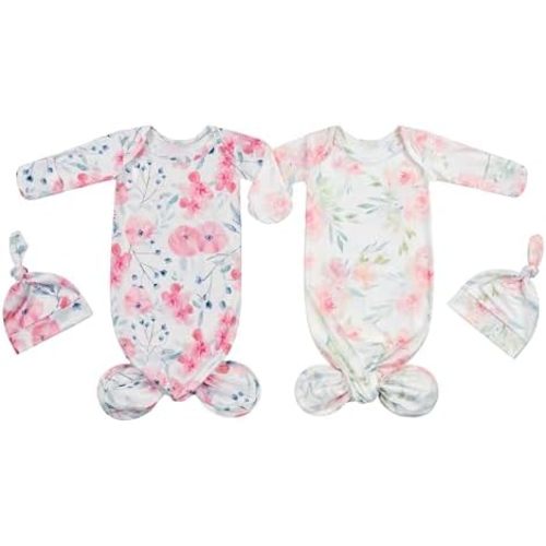 Newborn Cotton Knotted Gown Sleeper Gown with Beanie Set Baby Girl Nightgowns Coming Home Outfits 2 Packs