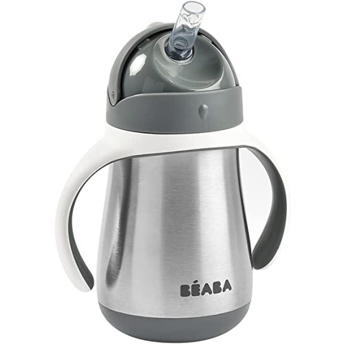 BEABA Stainless Steel Straw Sippy Cup, Insulated Toddler Cups Spill Proof with Removable Handles, Made with High Grade Stainless Steel, 8+ months, 8.5 oz, Charcoal