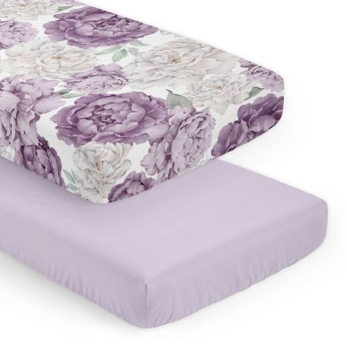 Sweet Jojo Designs Girl Fitted Crib Sheets Set Peony Floral Garden Purple Ivory And Green 2pc