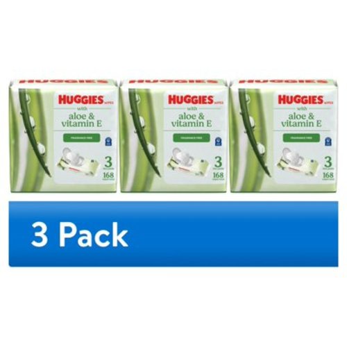 (3 pack) Huggies Aloe & Vitamin E Baby Wipes for Sensitive Skin, Unscented, 3 Flip-Top Packs (168 Total Ct)