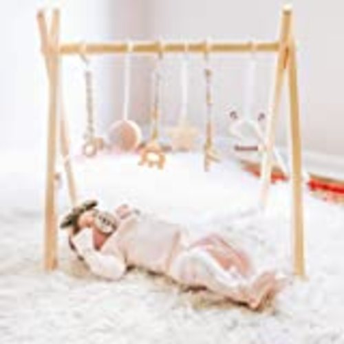 HAN-MM Wooden Baby Gym with 6 Wooden Baby Teething Toys Foldable Baby Play Gym Frame Activity Gym Hanging Bar Newborn Gift Baby Girl and Boy Gym (Natural Color) - natural color
